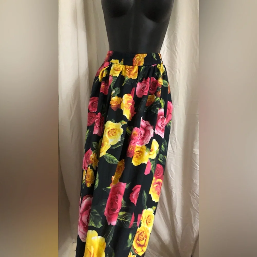 Joie black and yellow red pink roses print maxi cotton blend skirt size medium